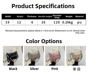 Quilted crossbody bag dimensions and colors featuring black, silver, pink, and beige options