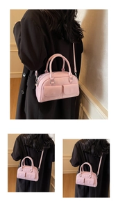 Three back views of the pink oil wax leather Boston bag with dual pockets and crossbody strap