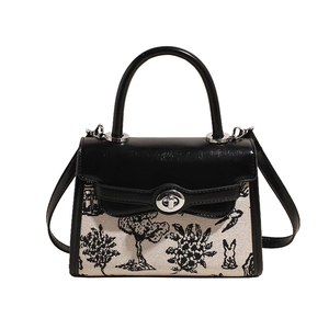 Retro black and white forest print Kelly bag with top handle and metal clasp