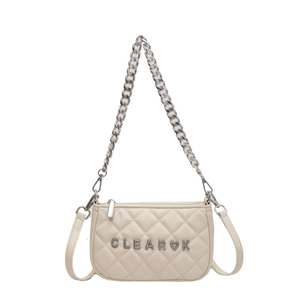 Chic cream quilted crossbody bag with silver chain and heart letter metallic charm