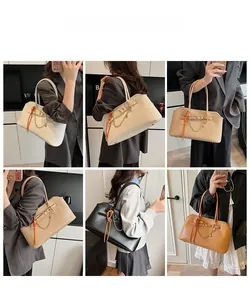 Collage of model showcasing various colors of large underarm bag with gold chain