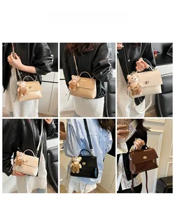 Multiple views of compact crossbody bag with plush bear charm in four neutral colors