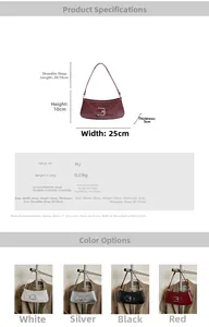 Detailed size chart and multi-color view of stylish PU baguette shoulder bags in four colors
