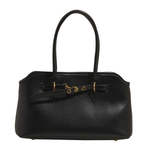Minimalist black leather shell tote bag with gold buckles and long shoulder straps