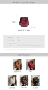Size chart for bucket bag showing dimensions 21x23x10cm and five available colors