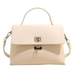 Minimalist beige PU leather top-handle crossbody bag with elegant silver twist lock
