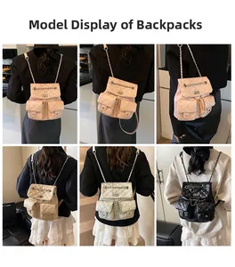 Detail view of quilted leather backpack with chain straps and dual front pockets
