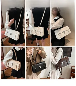Collage of model wearing various colors of vintage leather shoulder bags in different styles