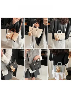 Multiple views showing fashion bucket bag with woven texture and cute bear charm details