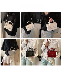 Collage of model carrying retro square handbags in four colors with top handles