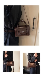 Three-view montage of a vintage dark brown oil wax leather crossbody bag worn on a blazer