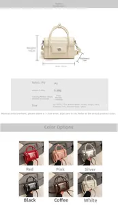 Detail specifications of vintage leather handbag showing dimensions and six color options