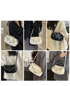Collage of chic ruched cloud bag with woven strap and metal chain in coffee shop