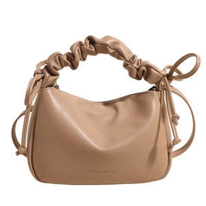 Beige gefaltete Handtasche mit gerafftem Griff und Kordelzug-Schleifen für Damen