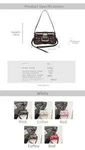 Guide des tailles pour sac bandoulière en PU à rivets, largeur 25cm en cinq coloris