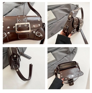 Détails d'un sac à bandoulière en cuir brillant marron foncé avec rivets style punk
