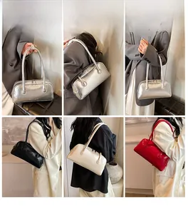 Collage of chic boston bags in silver black beige and red showing shoulder carry style