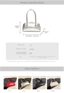 Detailed spec sheet showing PU leather Boston bag dimensions and shoulder strap measurements