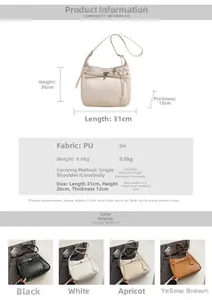 Detailed size chart for retro PU tote bag with dimensions 31x26x12cm and weight 0.6kg