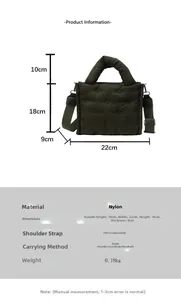 Detailansicht der dunkelgrünen Stepptasche aus Nylon mit Maßen und verstellbarem Gurt