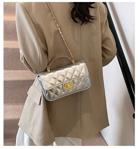 Silver quilted chain bag shown on a model's shoulder with gold twist-lock detail