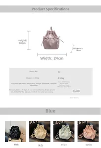 Detailed size specifications and material chart for the multi-way PU bucket backpack