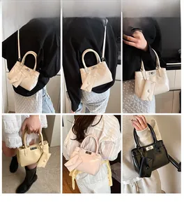 Detailed views of mini bucket bags in cream, yellow, pink, and black with envelope pouch