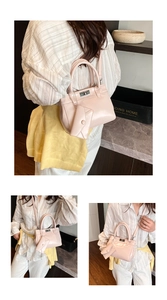 Three-panel view of a light pink structured handbag with silver turn-lock and mini pouch