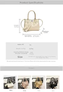Detail view of glossy PU leather Kelly handbag with metal clasp and size specifications
