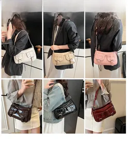 Collage of chic biker-style underarm bags in six colors with studs and buckle details