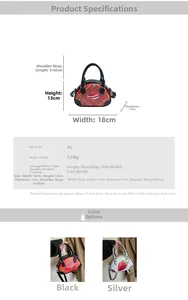 Detaillierte Grafik der PU-Leder Handtasche mit Maßen 18x13x7cm und Riemen-Details