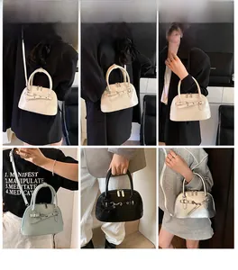 Collage of shell-shaped crossbody bags showing various colors and carrying styles