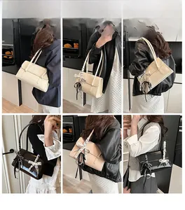 Chic French minimalist shoulder bag with silk scarf charm shown in various lifestyle poses