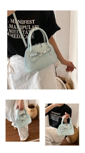 Three-way view of light blue shell bag showing crossbody, hand-held, and side carry styles