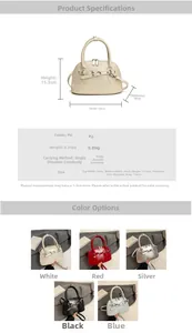 Detailed dimension chart and multi-color options for the shell-shaped PU crossbody bag