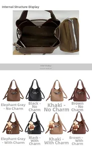 Detail view of large capacity leather bucket bag with inner pouch and color options