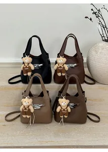 Litchi pattern leather bucket bags in four colors with bear pendant and metal buckle