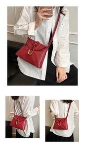 Detailed views of a red shoulder bag featuring a woven knot and golden U-shaped clasp