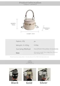 Detailed size specifications for the mini quilted barrel bag with color options