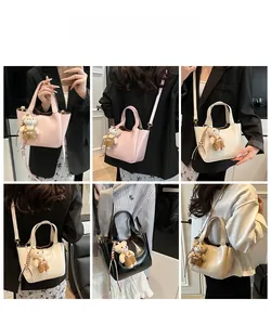 Multiple views of women's bucket bag with cute bear charm and adjustable strap
