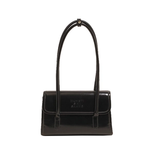 Minimalist black patent leather underarm bag with adjustable straps and embossed logo