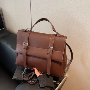 Retro deep brown large-capacity satchel bag with double metal buckles and top handle