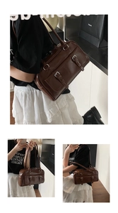 Brown oil wax leather shoulder bag retro commuter boston bag large capacity tote for women