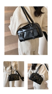 Black oil-wax leather shoulder bag, trendy underarm pillow bag for women, chic commuting handbag