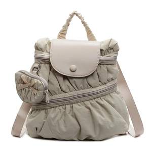 Minimalist beige ruched nylon backpack for women with cute heart coin purse charm
