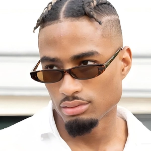 Retro narrow frame sunglasses with dark tortoiseshell pattern on male model face