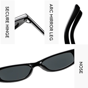 Detailed close-up of secure metal hinges and ergonomic arc legs on black sunglasses