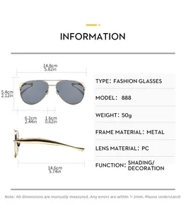 Detailed dimension guide for large metal aviator sunglasses with gold frame and PC lenses