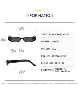 Detailed dimension guide for vintage narrow frame sunglasses with PC lens specifications