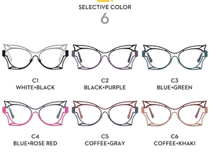 Detailansicht von sechs zweifarbigen Schmetterling-Cat-Eye-Brillengestellen in Farbauswahl